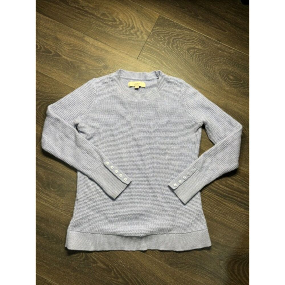 LOFT Women’s Small Light Blue Textured Knit Sweater Crewneck Button Cuff